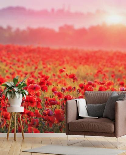 mural de papel de parede floral vermelho chamado Red Poppy Sunrise para salões e quartos