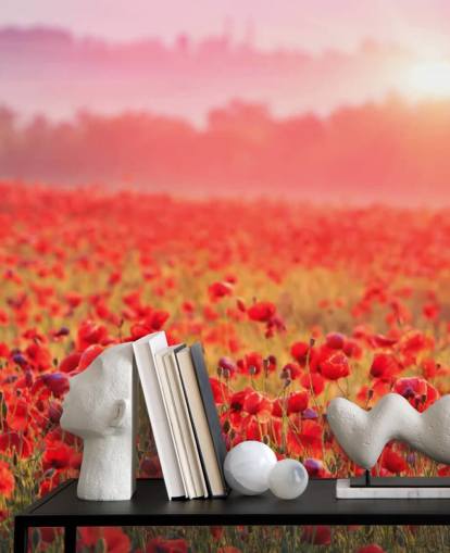 punainen kukka-taustakuvamaalaus nimeltä Red Poppy Sunrise oleskelutiloihin ja makuuhuoneisiin