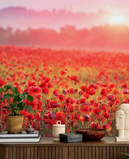 carta da parati murale floreale rossa chiamata Red Poppy Sunrise per salotti e camere da letto