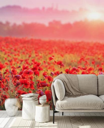 mural de papel pintado floral rojo llamado Red Poppy Sunrise para salones y dormitorios