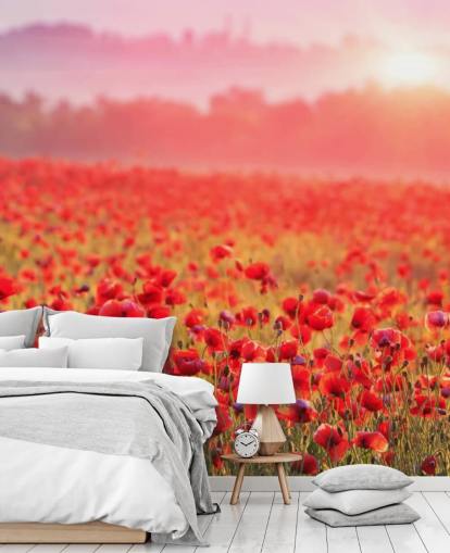 rotes Blumentapetenwandbild namens Red Poppy Sunrise für Lounges und Schlafzimmer