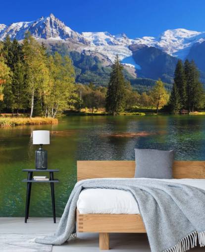 papel pintado de lago personalizable azul y verde llamado Snow Caped Mountains para dormitorio u oficina