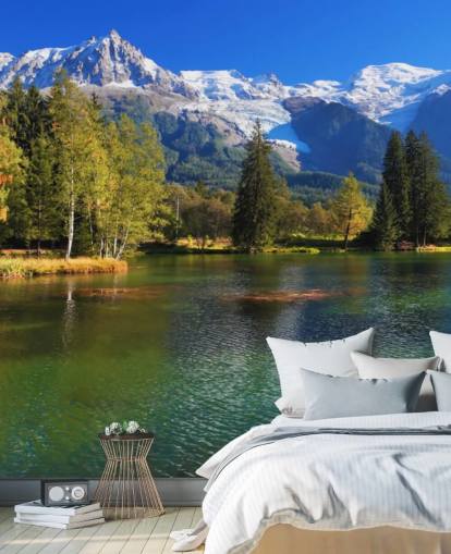 papel de parede de lago personalizável azul e verde chamado Snow Capped Mountains para quarto ou escritório
