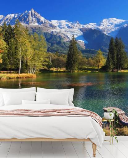 papel de parede de lago personalizável azul e verde chamado Snow Capped Mountains para quarto ou escritório