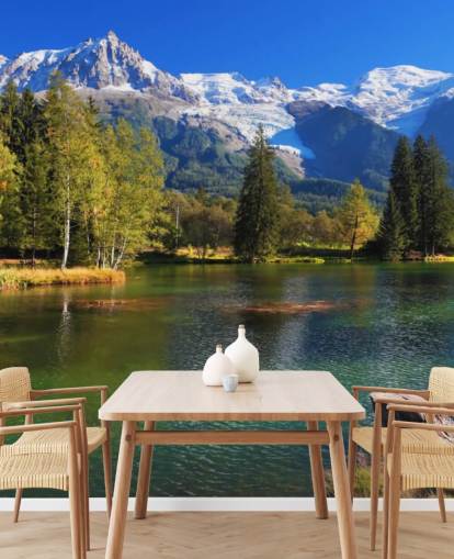 blue and green customisable lake wallpaper called Snow Capped Mountains for bedroom or office