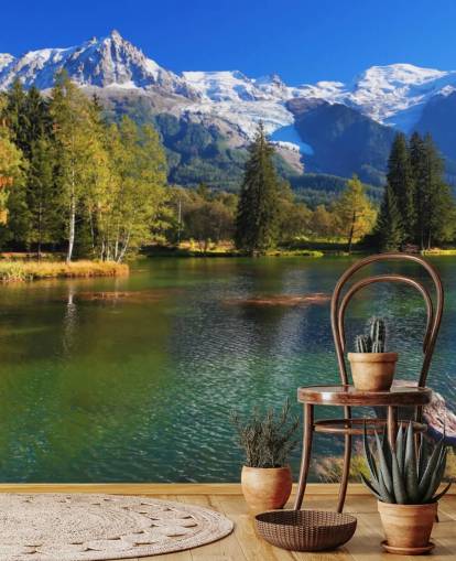 papier peint de lac personnalisable bleu et vert appelé Snow Capped Mountains pour chambre ou bureau