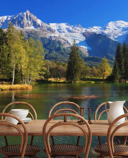 Blaue und grüne personalisierbare Seetapete namens Snow Capped Mountains für Schlafzimmer oder Büro Blaue und grüne personalisierbare Seetapete namens Snow Capped Mountains für Schlafzimmer oder Büro