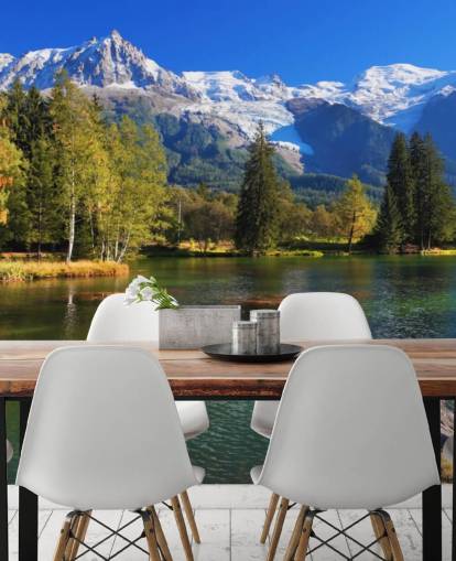 blue and green customisable lake wallpaper called Snow Capped Mountains for bedroom or office