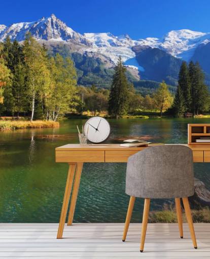 blue and green customizable lake wallpaper called Snow Capped Mountains for bedroom or office