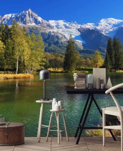 carta da parati personalizzabile blu e verde chiamata Snow Capped Mountains per camera da letto o ufficio