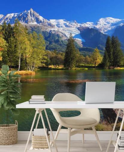 blue and green customisable lake wallpaper called Snow Capped Mountains for bedroom or office