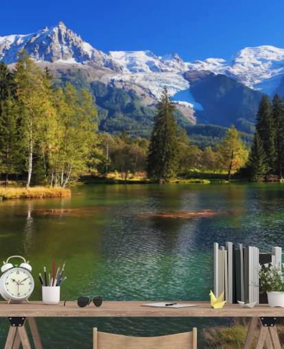blue and green customisable lake wallpaper called Snow Capped Mountains for bedroom or office