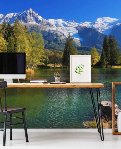 papel de parede de lago personalizável azul e verde chamado Snow Capped Mountains para quarto ou escritório