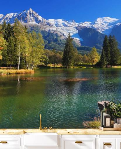 blue and green customisable lake wallpaper called Snow Capped Mountains for bedroom or office