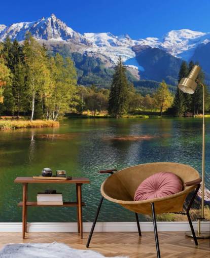 papel pintado de lago personalizable azul y verde llamado Snow Caped Mountains para dormitorio u oficina