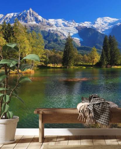 blue and green customizable lake wallpaper called Snow Capped Mountains for bedroom or office