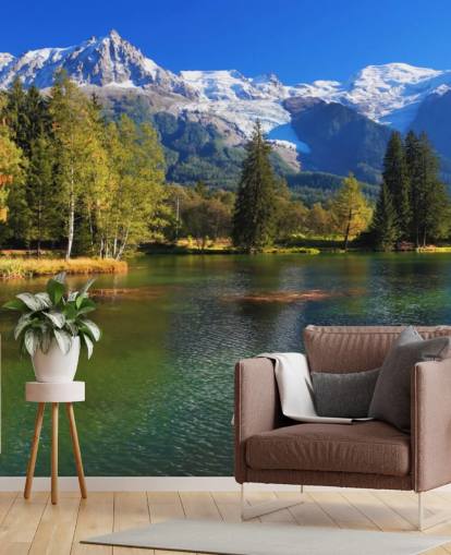 papel pintado de lago personalizable azul y verde llamado Snow Caped Mountains para dormitorio u oficina