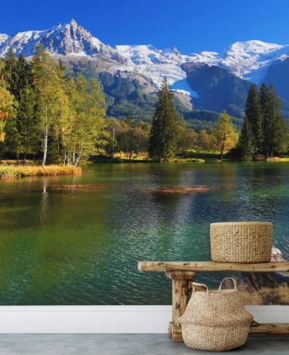 Blaue und grüne personalisierbare Seetapete namens Snow Capped Mountains für Schlafzimmer oder Büro