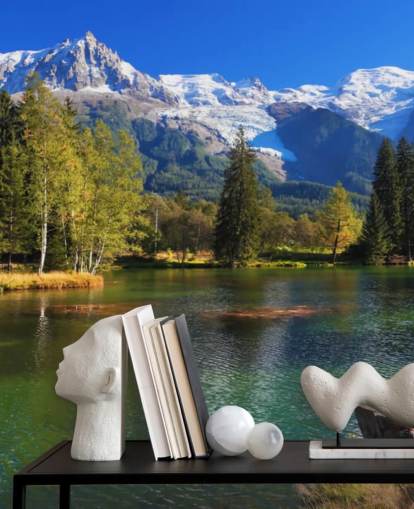 blue and green customisable lake wallpaper called Snow Capped Mountains for bedroom or office