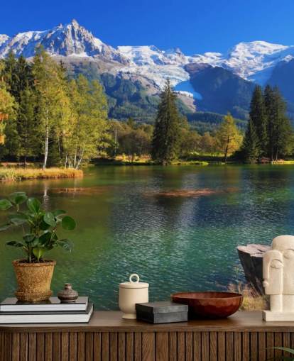 blue and green customisable lake wallpaper called Snow Capped Mountains for bedroom or office