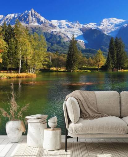 blue and green customizable lake wallpaper called Snow Capped Mountains for bedroom or office