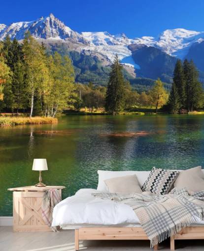 blue and green customisable lake wallpaper called Snow Capped Mountains for bedroom or office