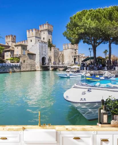 Bellissima carta da parati Lago di Garda, Castello e Barca