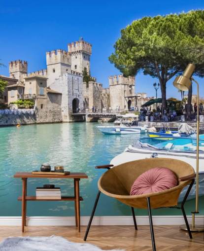 Bellissima carta da parati Lago di Garda, Castello e Barca