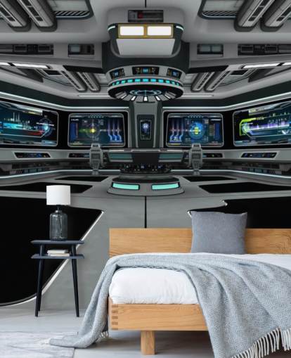 silver 3d custom spaceship wallpaper mural called Spaceship Deck for child's bedroom and teen bedrooms