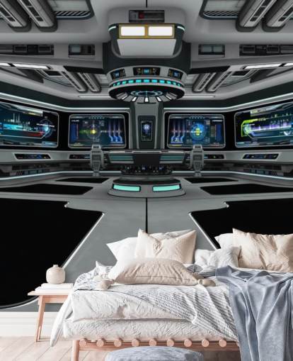 silver 3d custom spaceship wallpaper mural called Spaceship Deck for child's bedroom and teen bedrooms