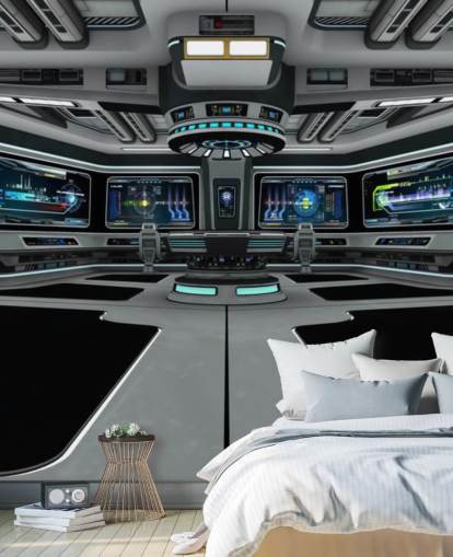hopea 3d mukautettu avaruusaluksen taustakuvamaalaus nimeltä Spaceship Deck lasten makuuhuoneeseen ja teini-ikäisiin makuuhuoneisiin hopea 3d mukautettu avaruusaluksen taustakuvamaalaus nimeltä Spaceship Deck lasten makuuhuoneeseen ja teini-ikäisiin makuuhuoneisiin
