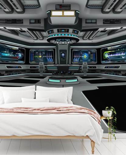 papier peint mural de vaisseau spatial personnalisé 3D argenté appelé Spaceship Deck pour chambre d'enfant et chambre d'adolescent