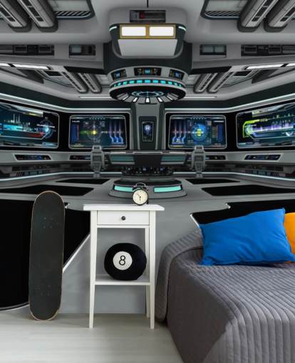 silbernes 3D-Raumschiff-Tapeten-Wandbild mit dem Namen Spaceship Deck für Kinder- und Jugendzimmer