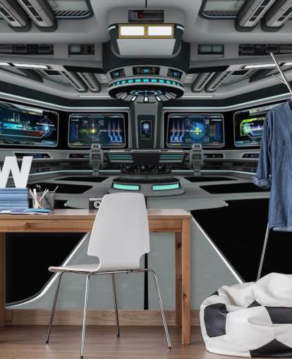 zilveren 3d op maat gemaakte ruimteschip behangmuurschildering genaamd Spaceship Deck voor kinderkamer en tienerkamers