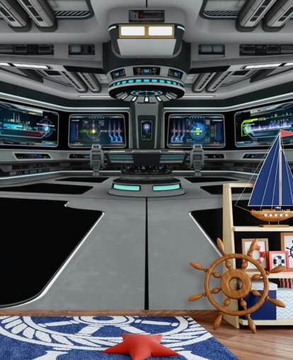 carta da parati murale personalizzata in argento 3D chiamata Spaceship Deck per camera da letto per bambini e camerette per ragazzi
