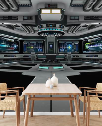 silbernes 3D-Raumschiff-Tapeten-Wandbild mit dem Namen Spaceship Deck für Kinder- und Jugendzimmer