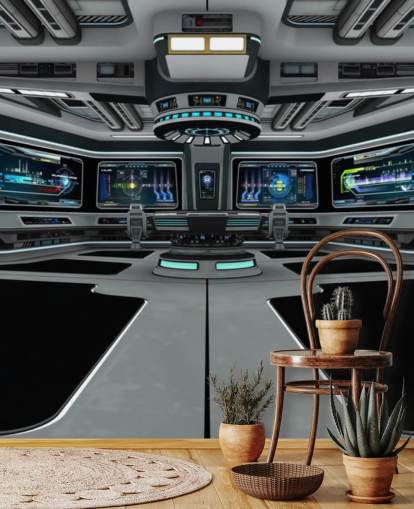 mural plateado de papel pintado personalizado de naves espaciales en 3D llamado Spaceship Deck para dormitorios de niños y adolescentes