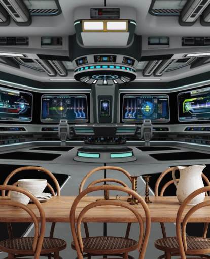 carta da parati murale personalizzata in argento 3D chiamata Spaceship Deck per camera da letto per bambini e camerette per ragazzi