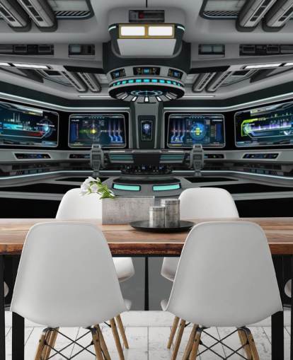 zilveren 3d op maat gemaakte ruimteschip behangmuurschildering genaamd Spaceship Deck voor kinderkamer en tienerkamers zilveren 3d op maat gemaakte ruimteschip behangmuurschildering genaamd Spaceship Deck voor kinderkamer en tienerkamers