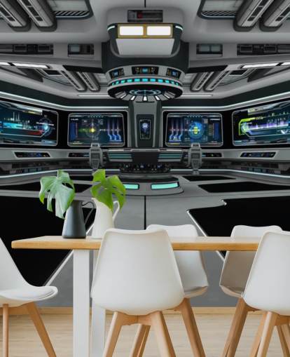 silver 3d anpassad rymdskepp tapetväggmålning kallad Spaceship Deck för barns sovrum och tonårsrum
