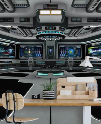 silver 3d custom spaceship wallpaper mural called Spaceship Deck for child's bedroom and teen bedrooms