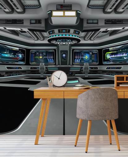 carta da parati murale personalizzata in argento 3D chiamata Spaceship Deck per camera da letto per bambini e camerette per ragazzi