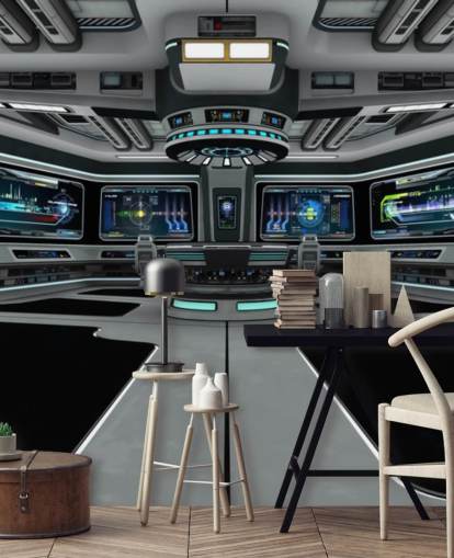 hopea 3d mukautettu avaruusaluksen taustakuvamaalaus nimeltä Spaceship Deck lasten makuuhuoneeseen ja teini-ikäisiin makuuhuoneisiin