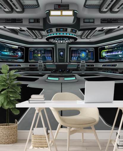 papier peint mural de vaisseau spatial personnalisé 3D argenté appelé Spaceship Deck pour chambre d'enfant et chambre d'adolescent