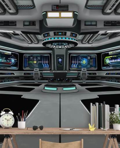 silbernes 3D-Raumschiff-Tapeten-Wandbild mit dem Namen Spaceship Deck für Kinder- und Jugendzimmer