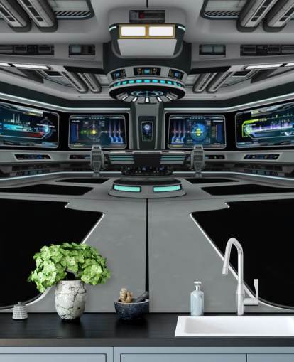 silver 3d custom spaceship wallpaper mural called Spaceship Deck for child's bedroom and teen bedrooms
