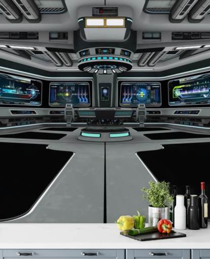 silver 3d custom spaceship wallpaper mural called Spaceship Deck for child's bedroom and teen bedrooms