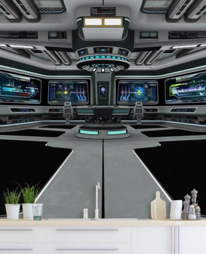mural plateado de papel pintado personalizado de naves espaciales en 3D llamado Spaceship Deck para dormitorios de niños y adolescentes