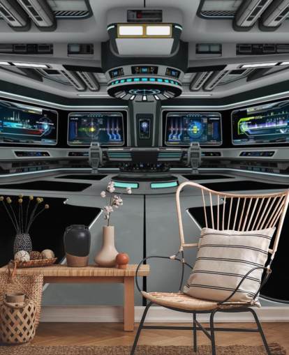 mural plateado de papel pintado personalizado de naves espaciales en 3D llamado Spaceship Deck para dormitorios de niños y adolescentes