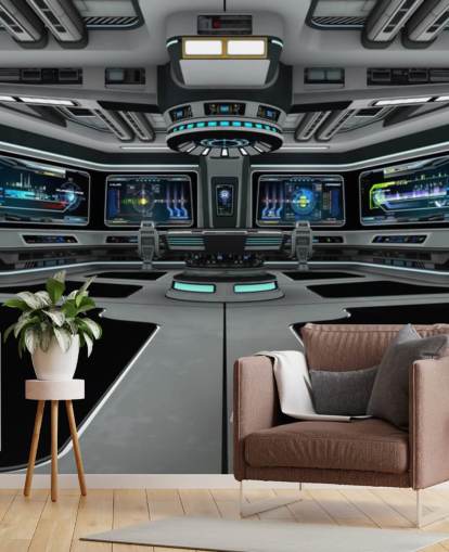 silver 3d custom spaceship wallpaper mural called Spaceship Deck for child's bedroom and teen bedrooms